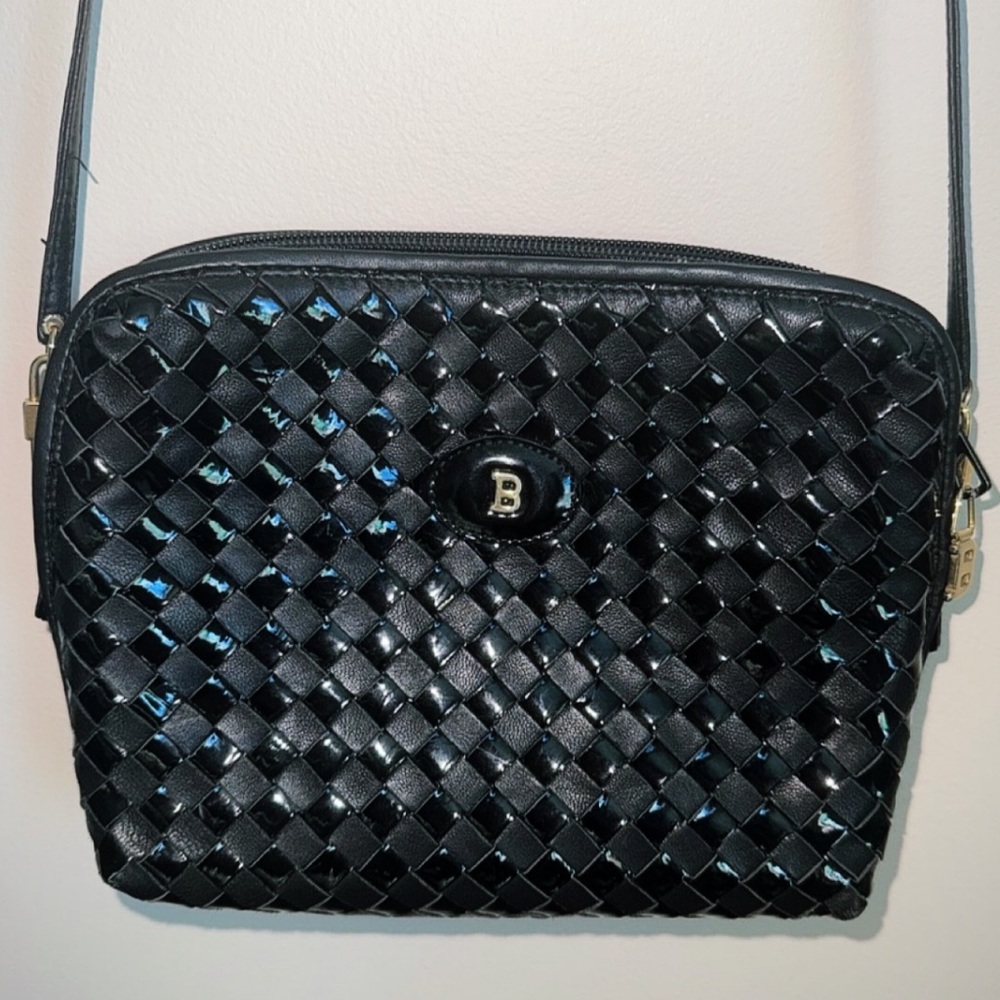 Bally Checkered Black Patent And Matte Leather Crossbody With Lock Detailing